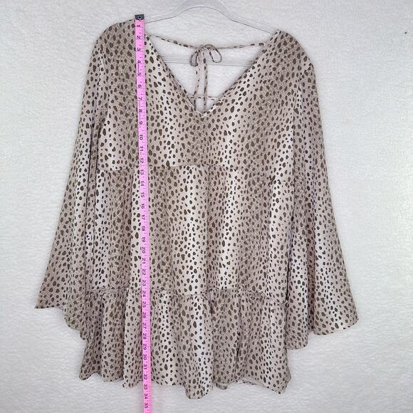 Altar'd State Dress Womens Medium Tan Brown Dot Boho Ruffle Tiered Flare Sleeve - Picture 11 of 13